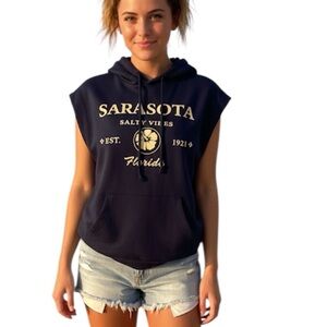 Salty Vibes Navy Blue Sleeveless Sweatshirt 100% Cotton With Hood Size: Large